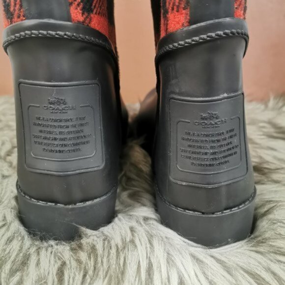 Coach Tristee Lace Up Back Fleece Lined Buffalo Plaid Rain Rubber Boots Size 10 - Picture 6 of 8
